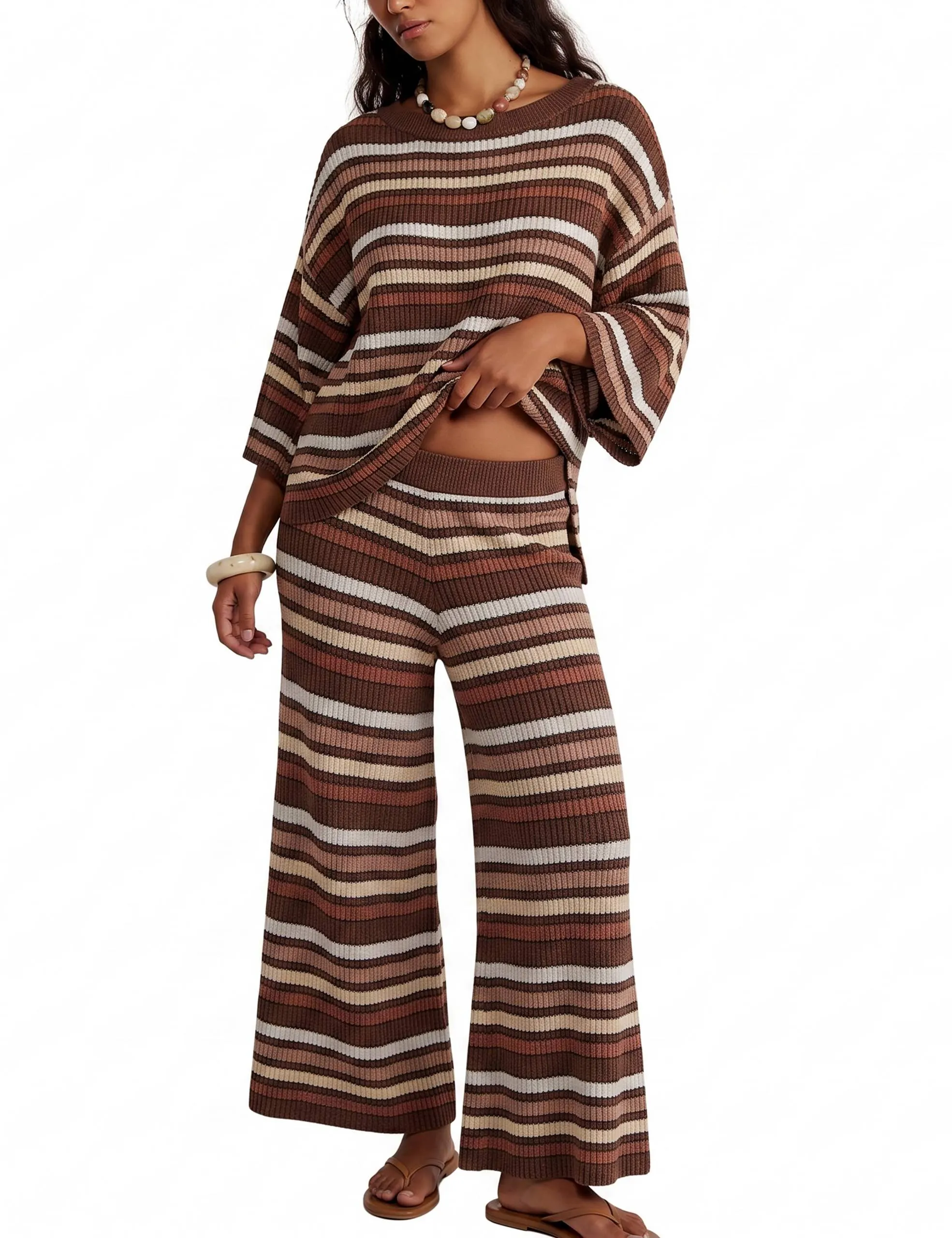 Yeokou Women's Striped Knit Two Piece Set