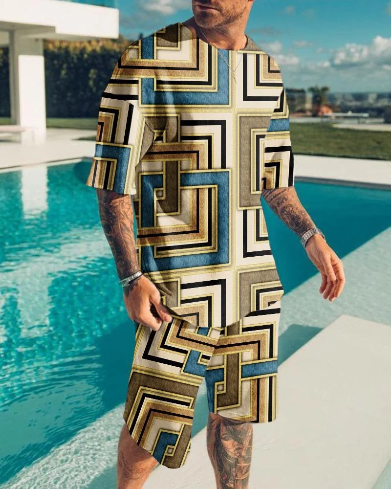 Simple Men's Geometric Contrast Pattern Printing Suit