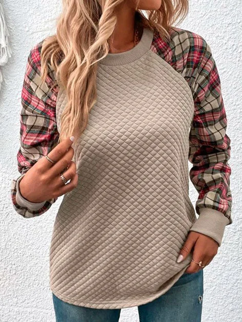 Women Long Sleeve Scoop Neck Plaid Stitching Sweatshirt Top