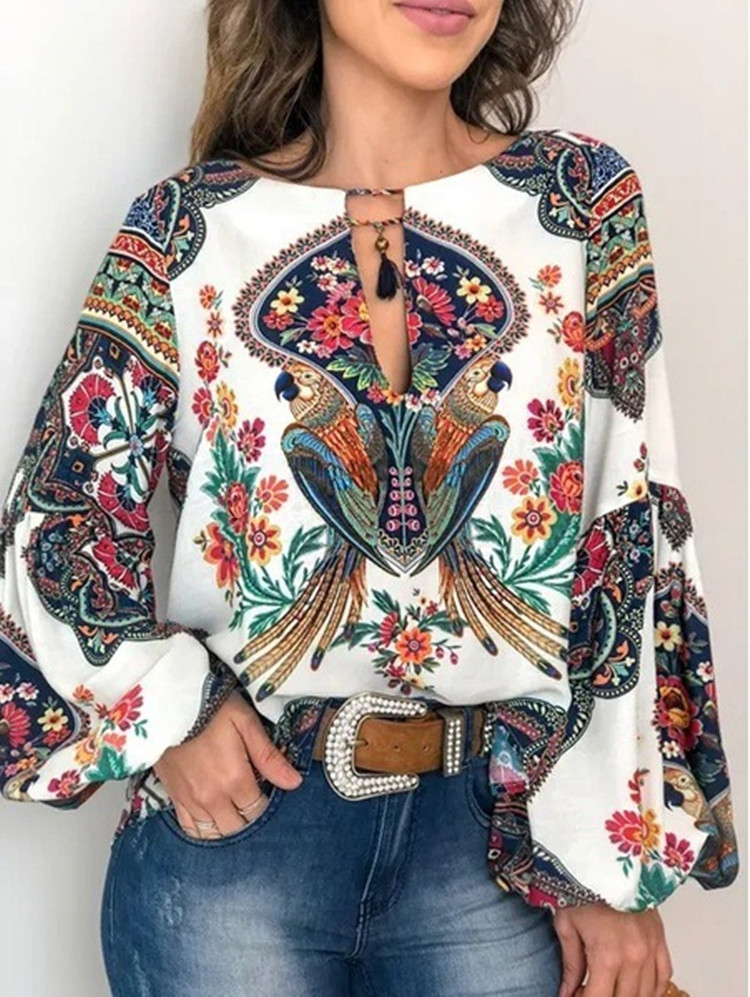New Statement Print Crewneck Casual Balloon Sleeve Shirt