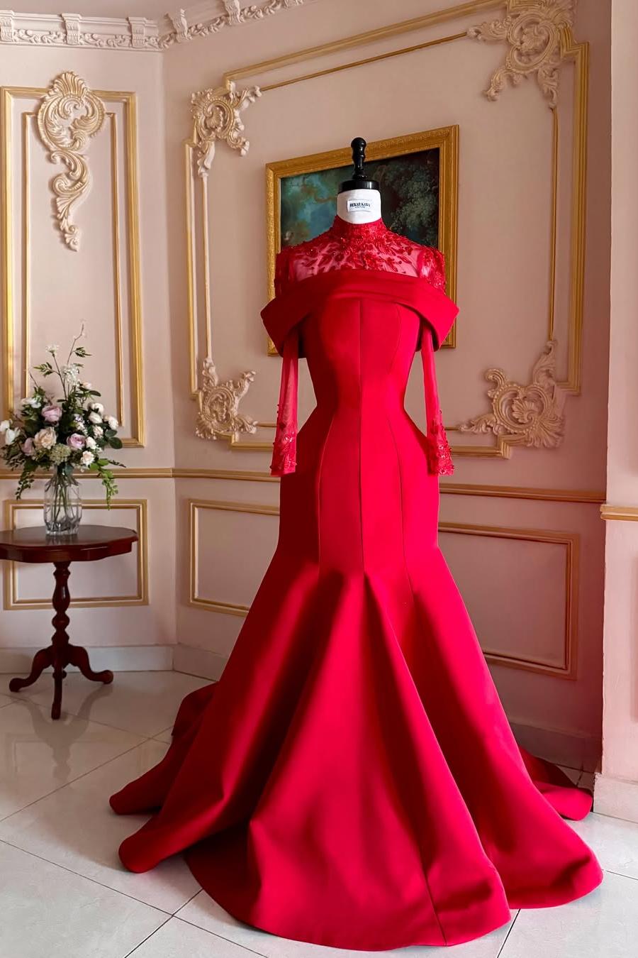 Lussooy Red Satin Amazing High Neck Long Sleeves Lace Mermaid Prom Dress with Beadings 