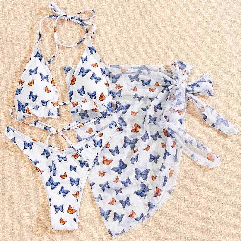 Peachtan Tie dye bikini 2021 Skirted swimsuit women High cut 3 piece suit halter swimwear female Triangle bathing suit Backless