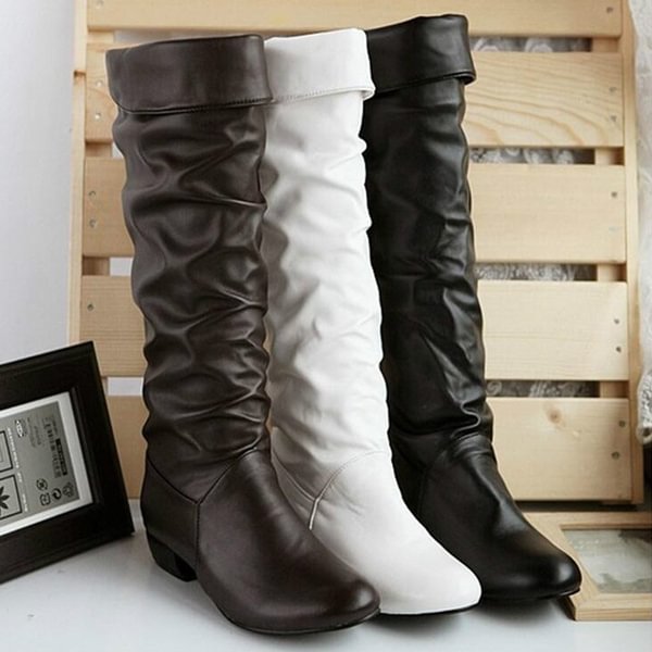 Winter Women Long Boots Fashion Ladies Low Heel Leather Boots (White, Black, Brown) - Life is Beautiful for You - SheChoic