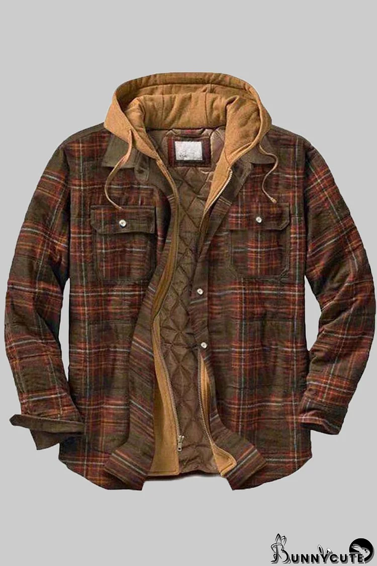 Dark Brown Fashion Casual Plaid Split Joint Hooded Collar Outerwear