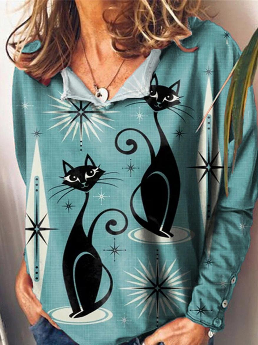 Casual Cat Print V Neck Long Sleeves T-shirt | EGEMISS