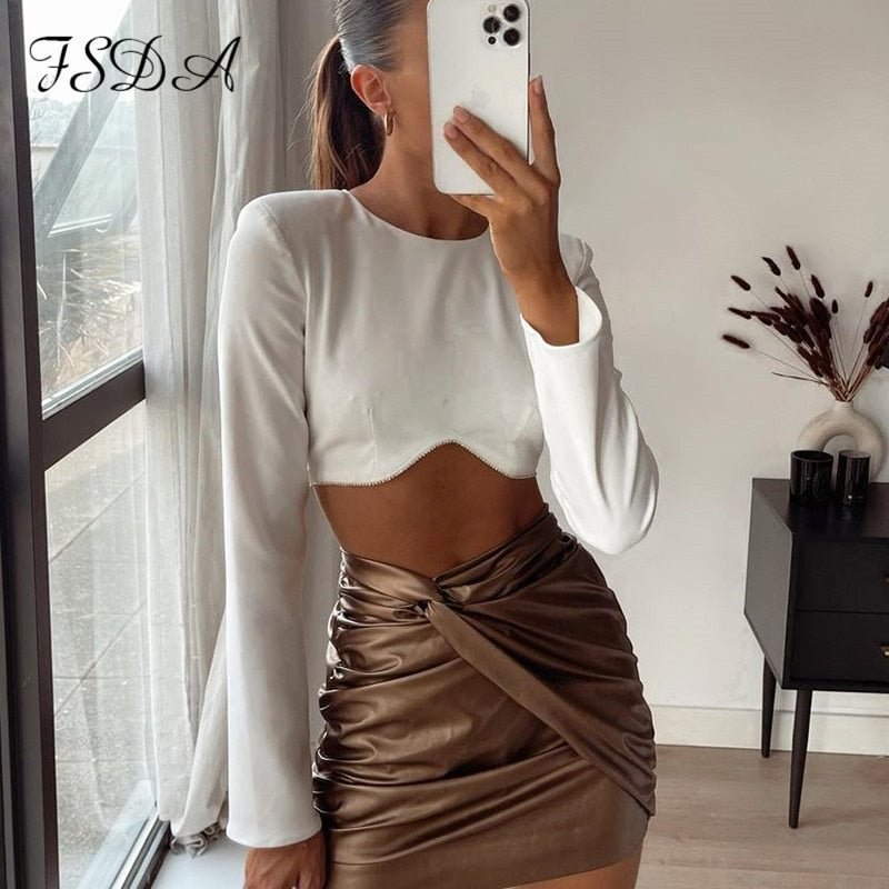 2022 Diamond White Long Sleeve Crop Top Women Fashion Elegant Autumn Winter 90S T Shirts Sexy Casual O Neck