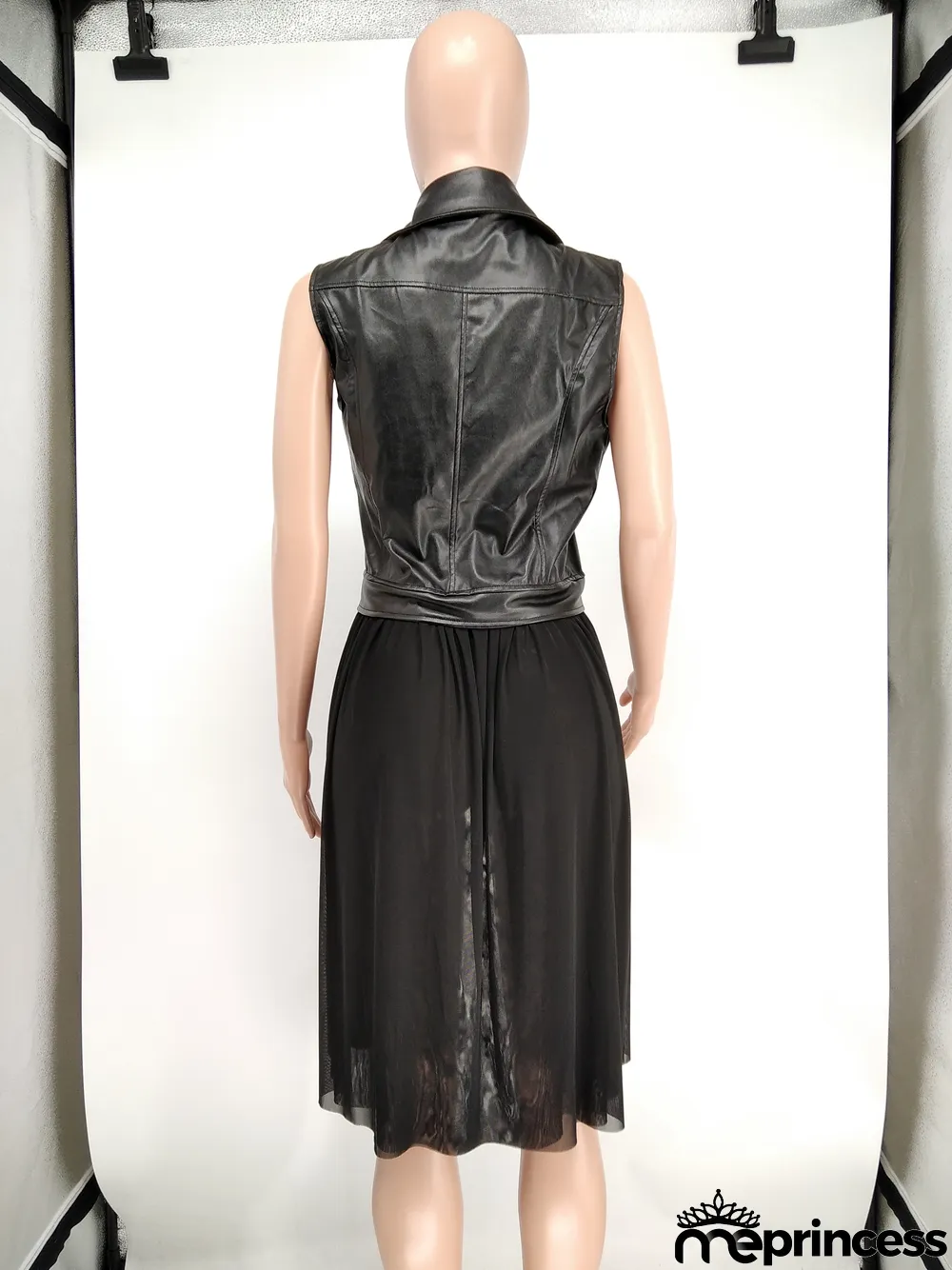 Autumn Black Leather Mesh Patchwork Sleeveless Jacket