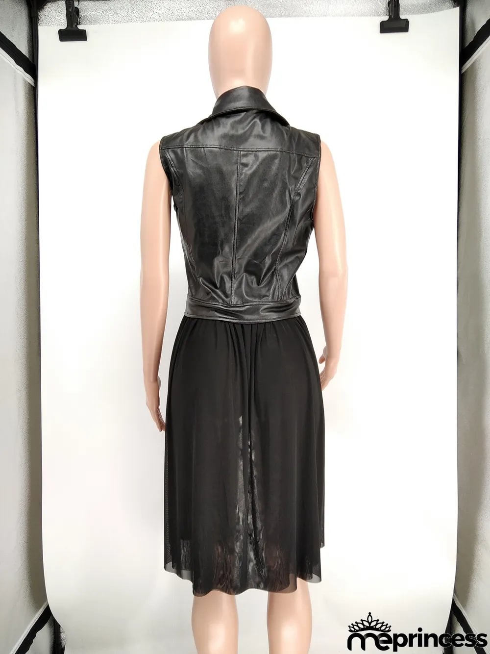 Autumn Black Leather Mesh Patchwork Sleeveless Jacket