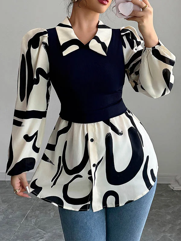 Split-Joint Pleated Contrast Color Buttoned Puff Sleeves Loose Lapel Blouses&Shirts Tops