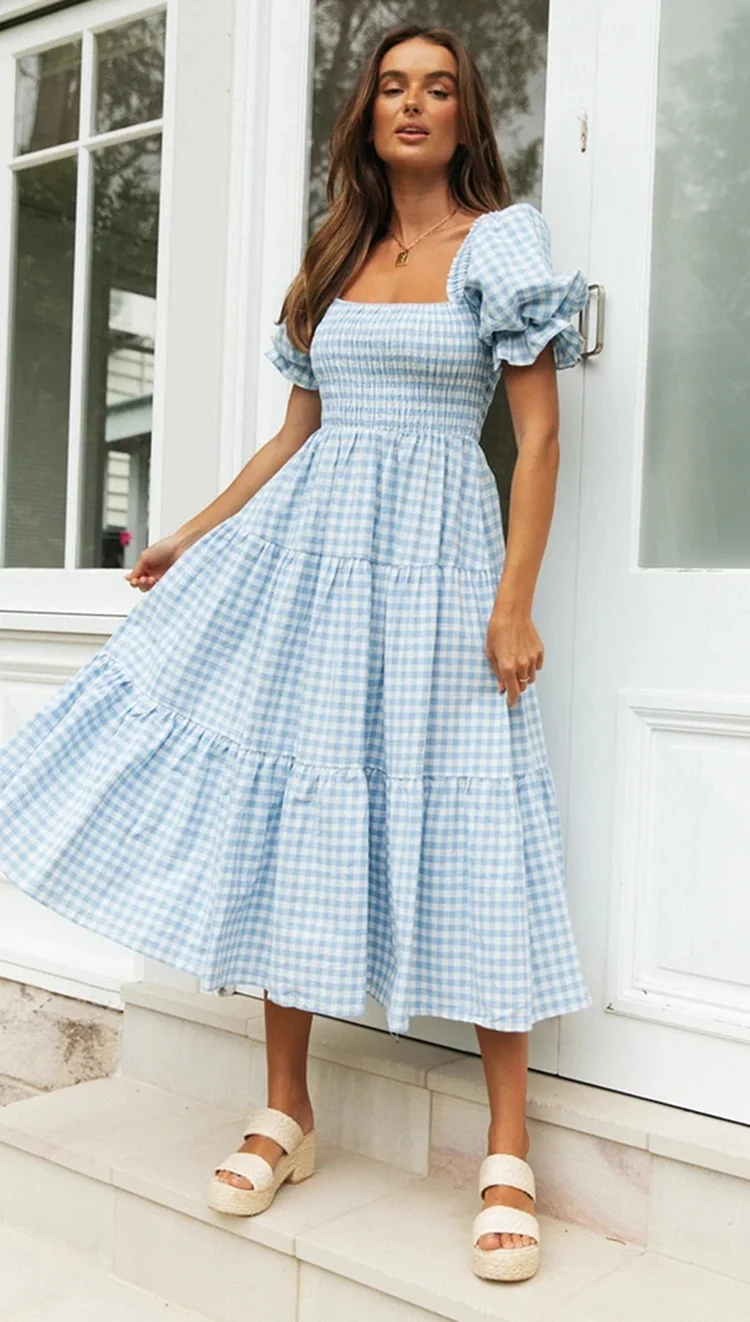 Women Puff Sleeve Square Neck Vintage Checked Plaid Maxi Dress Holiday Party Prom Dresses Kleid Plus Size