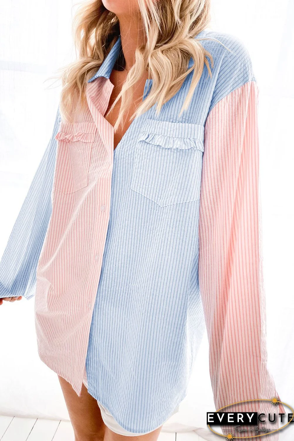 Pink Colorblock Ruffled Trim Pocket Striped Shirt