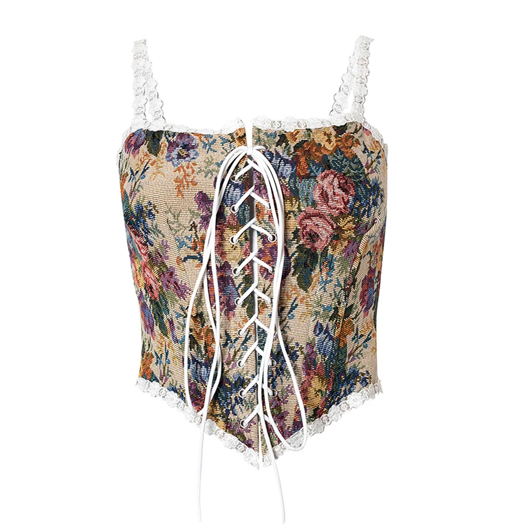 Huibahe Women Vintage Floral Print Vest Sexy Bodycon Boat Neck Jacquard Camisole Flounce Irregular Suspender Corset