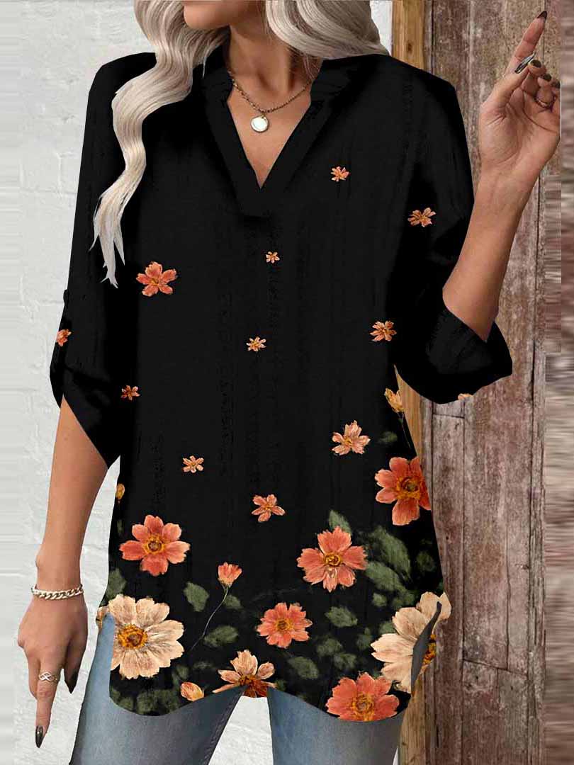 Women Floral, Black DZGA0057 3/4 Sleeve V-neck Printed Graphic Button Tops