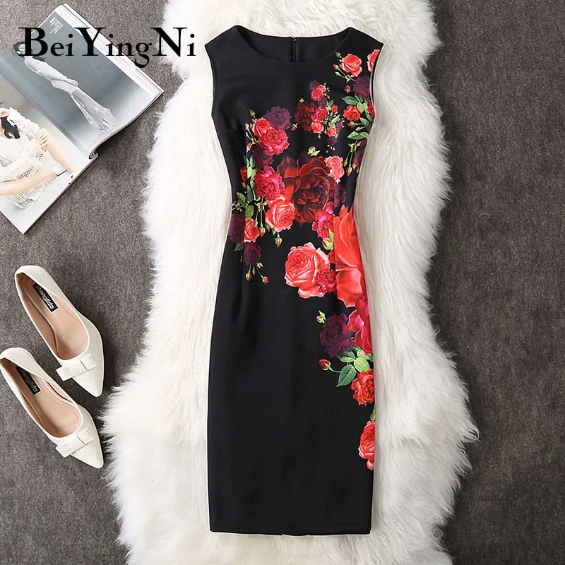Beiyingni 2021 Summer Bodycon Dress Floral Printed Sleeveless Slim Elastic Fashion 40 Colors Sundress Women Vintage OL Vestidos