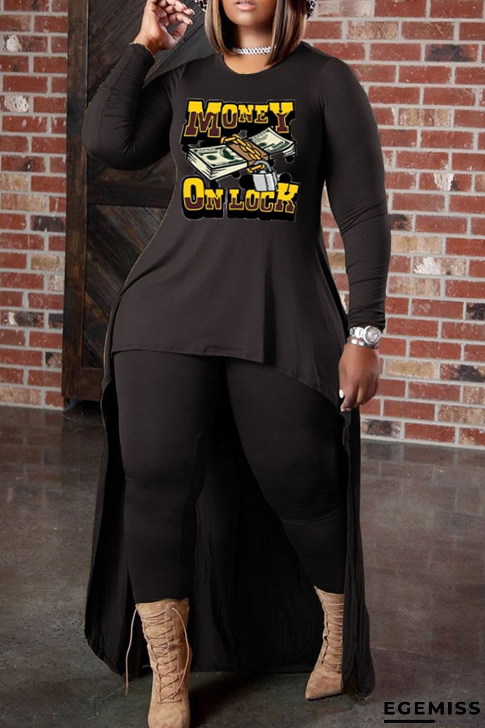 Black Casual Print Patchwork O Neck Long Sleeve Two Pieces | EGEMISS