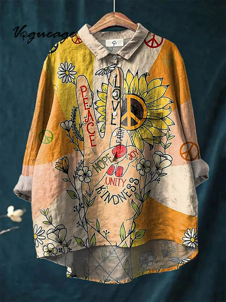 Fashion Creative Victory Peace Gesture Sunflower Print Cotton And Linen Shirt