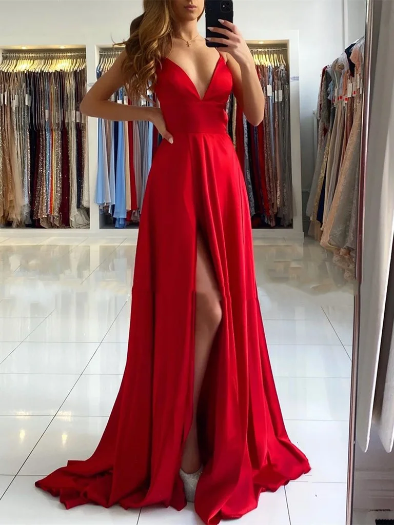V Neck Red Long Backless Prom Dresses, Red Long Backless Formal Evening Dresses