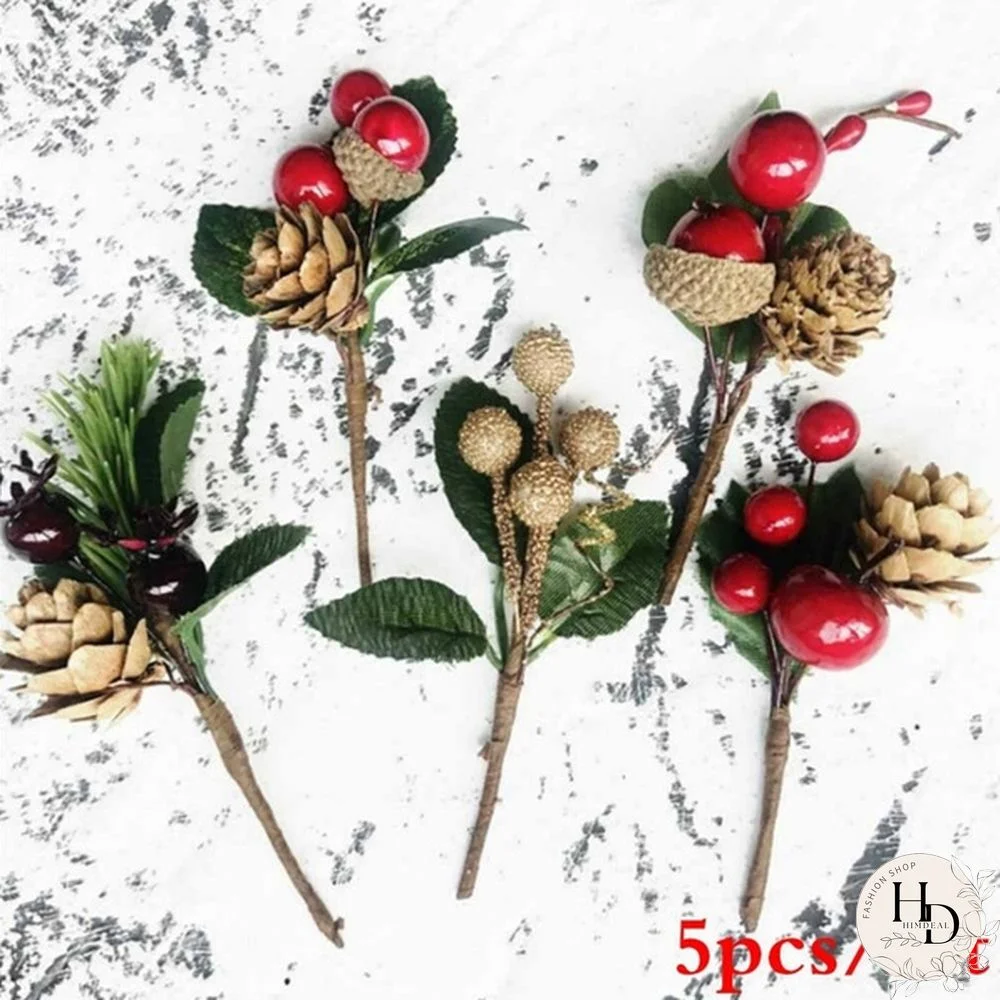 5pcs/set Christmas Red Berry Pine Cone Branches for Holiday Decoration Greeting Card Accessories