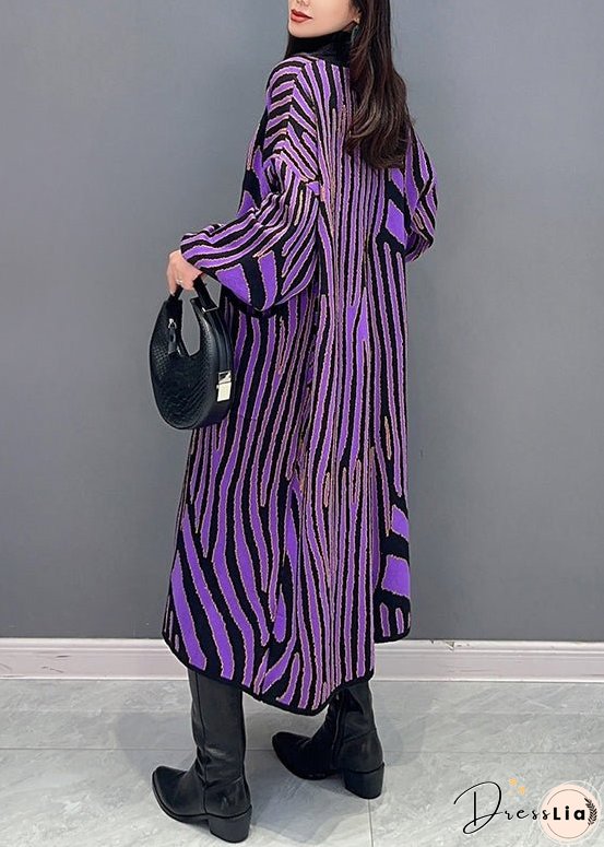 Women Purple Striped Pockets Patchwork Knit Long Cardigan Fall