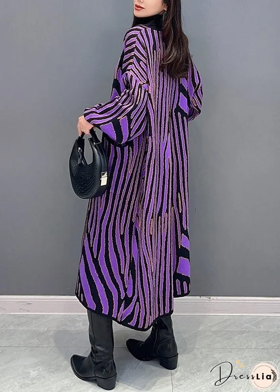 Women Purple Striped Pockets Patchwork Knit Long Cardigan Fall