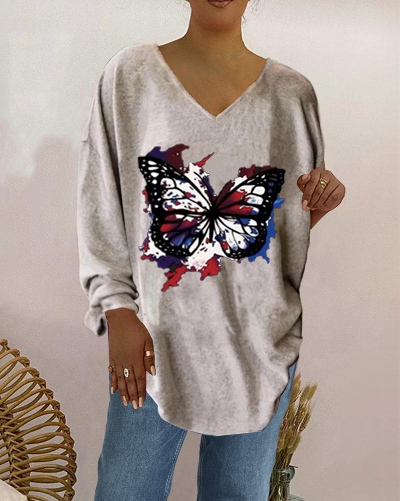 Fashion V-neck Monochrome Butterfly Loose Long Sleeve Top
