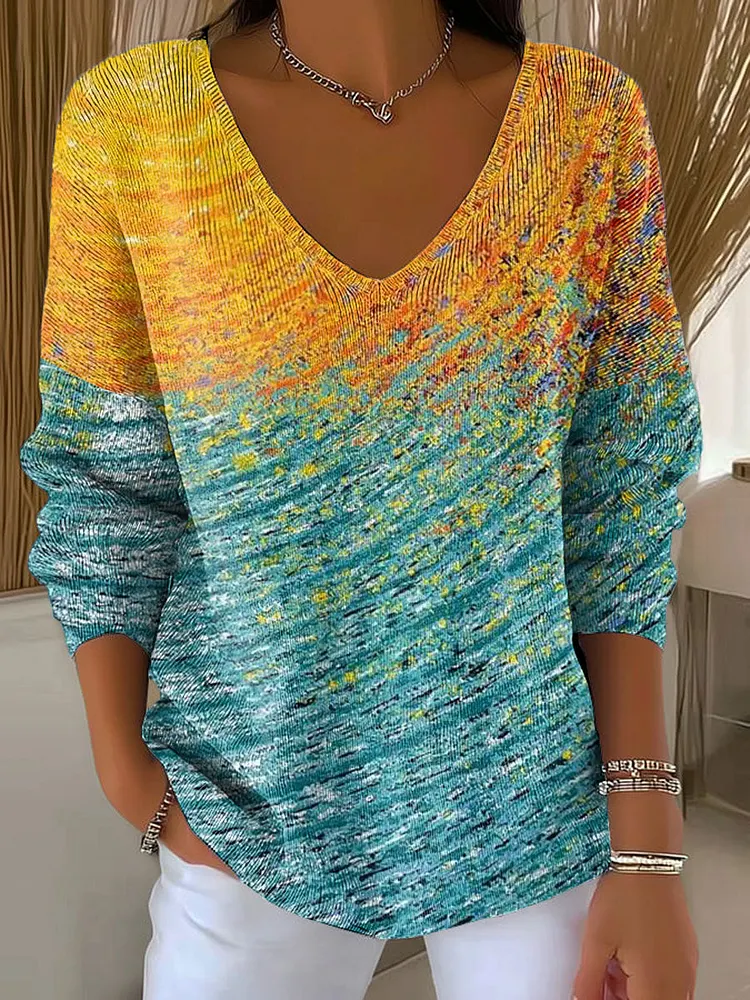 Women's Autumn Gradient Striped Casual Pullover Sweater