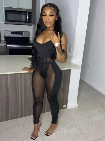 pornhint Pornhint HAOYUAN Sexy Mesh Sheer Spliced Two Piece Set Tracksuit Women Bodysuit Pants Summer Clothes Vacation Club Outfits Matching Sets