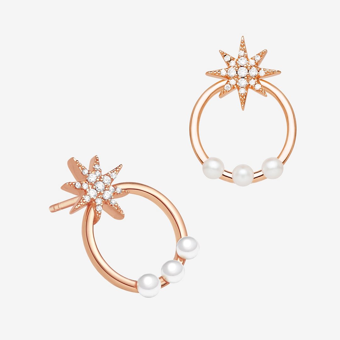 Circle Star Pearl Studs Rose Gold Earrings