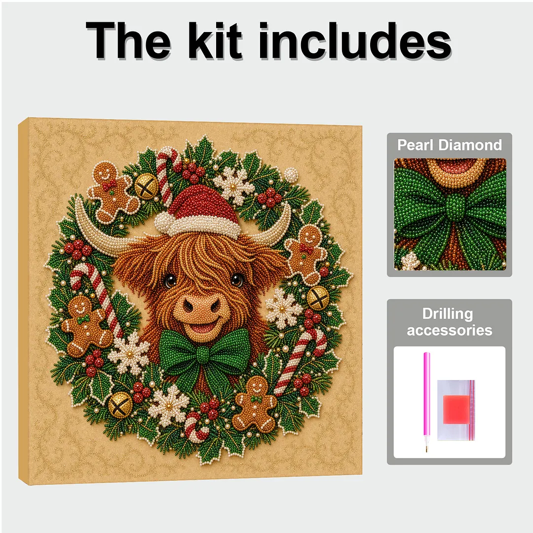 Framed Pearl Painting Kit Scottish Scotland Celtic Cow Christmas Wreath 7.87x7.87in