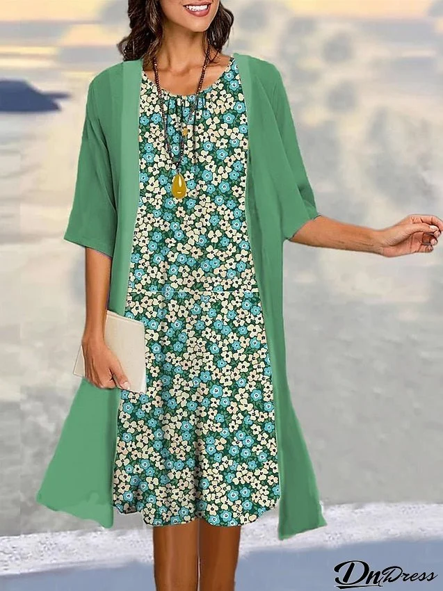 Women's Two Piece Dress Set Casual Dress Print Dress Outdoor Daily Fashion Elegant Print Midi Dress Crew Neck 3/4
