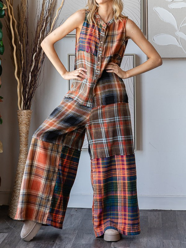 Sleeveless Checkered Button Wide Leg Jumpsuit