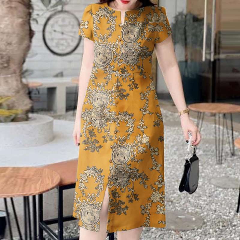 ZANZEA Vintage Long Dress Women 2024 Summer Retro Printed Sundress Round Neck Short Sleeve Robe Office Cotton Midi Dress