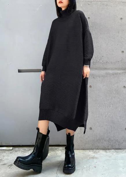 Simple black Sweater outfits Largo high neck low high design Art fall knit dress