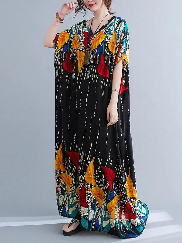 Ethnic Printed Vintage Super Loose Batwing Sleeve Dress