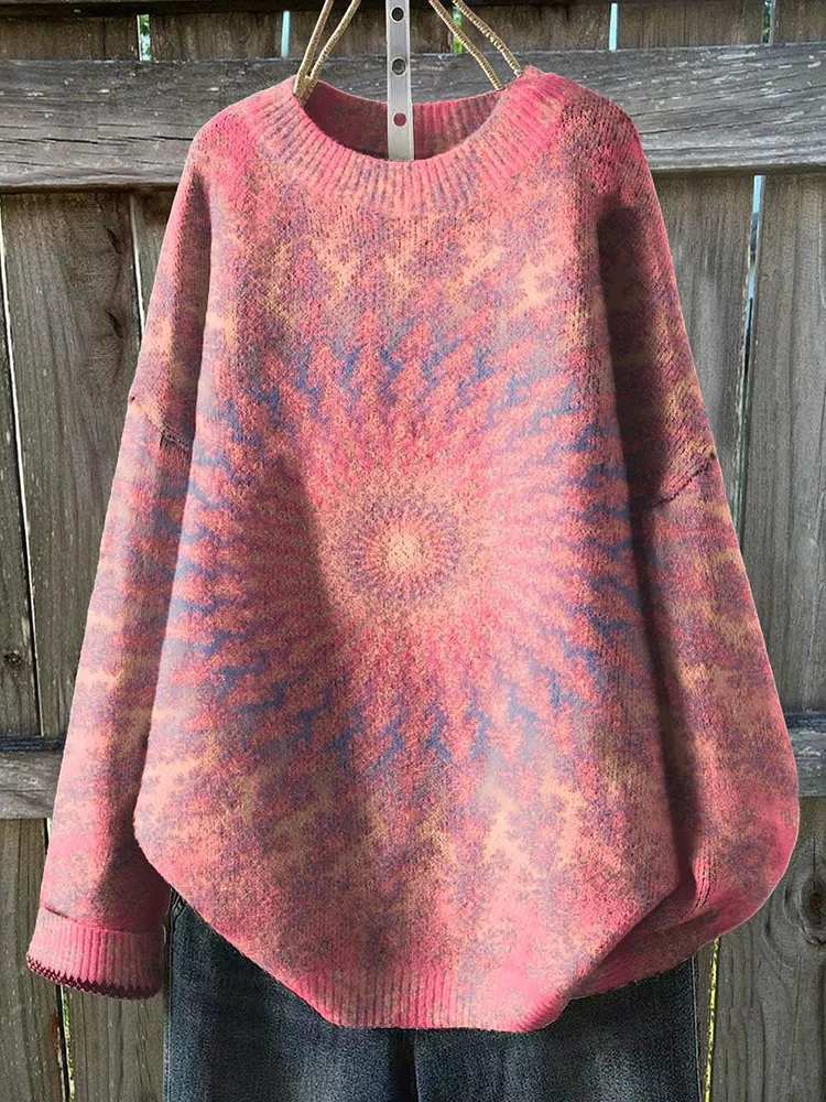 Retro Kaleidoscope Tie Dye Print Knit Pullover Sweater