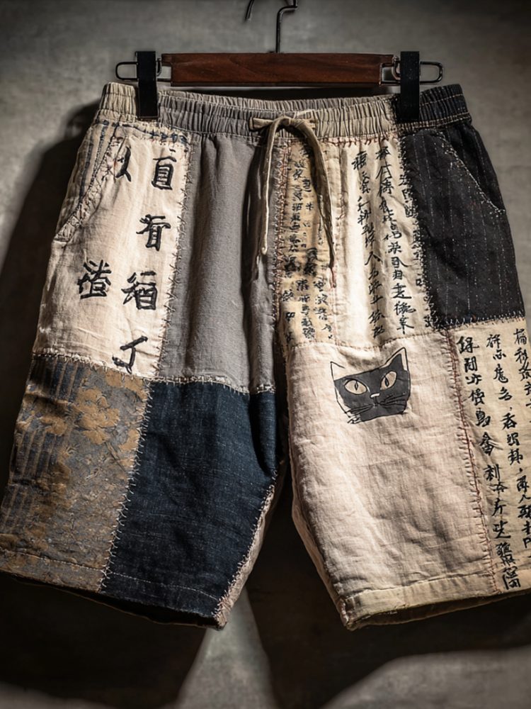 Vintage Japanese Calligraphy And Cat Art Embroidered Washed Shorts elevenforest