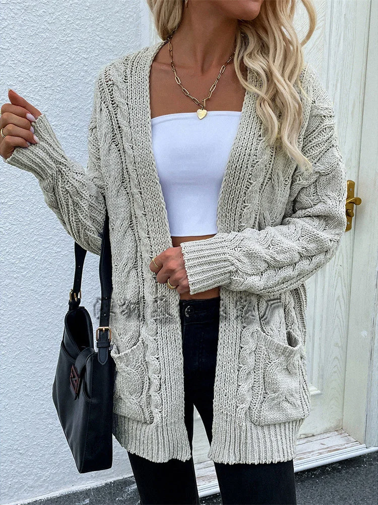 Women plus size clothing Women Long Sleeve Cardigan Soild Pockets Knit Sweaters Coats-Nordswear