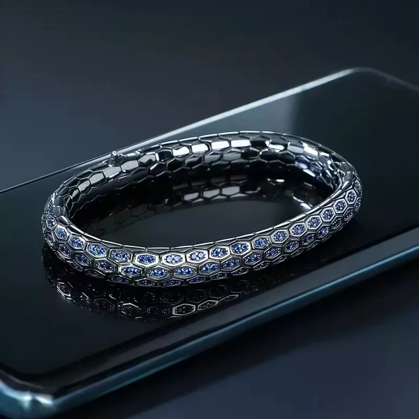 Sterling Silver Handmade Blue Zirconia Black Snake Bracelet