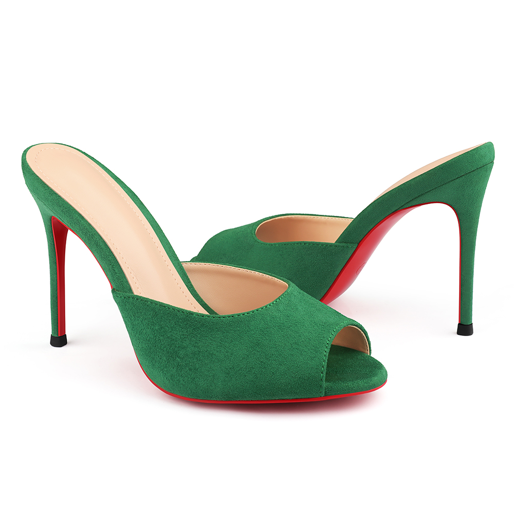 100mm Women's Sandals Pointed Toe Mules Suede Red Bottom Heels Slip on Stilettos-MERUMOTE