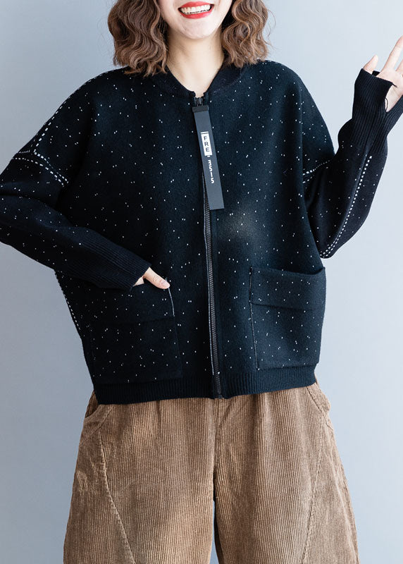 VCSHOES Black Stand Collar Zip Up Dot Knit Coats Winter