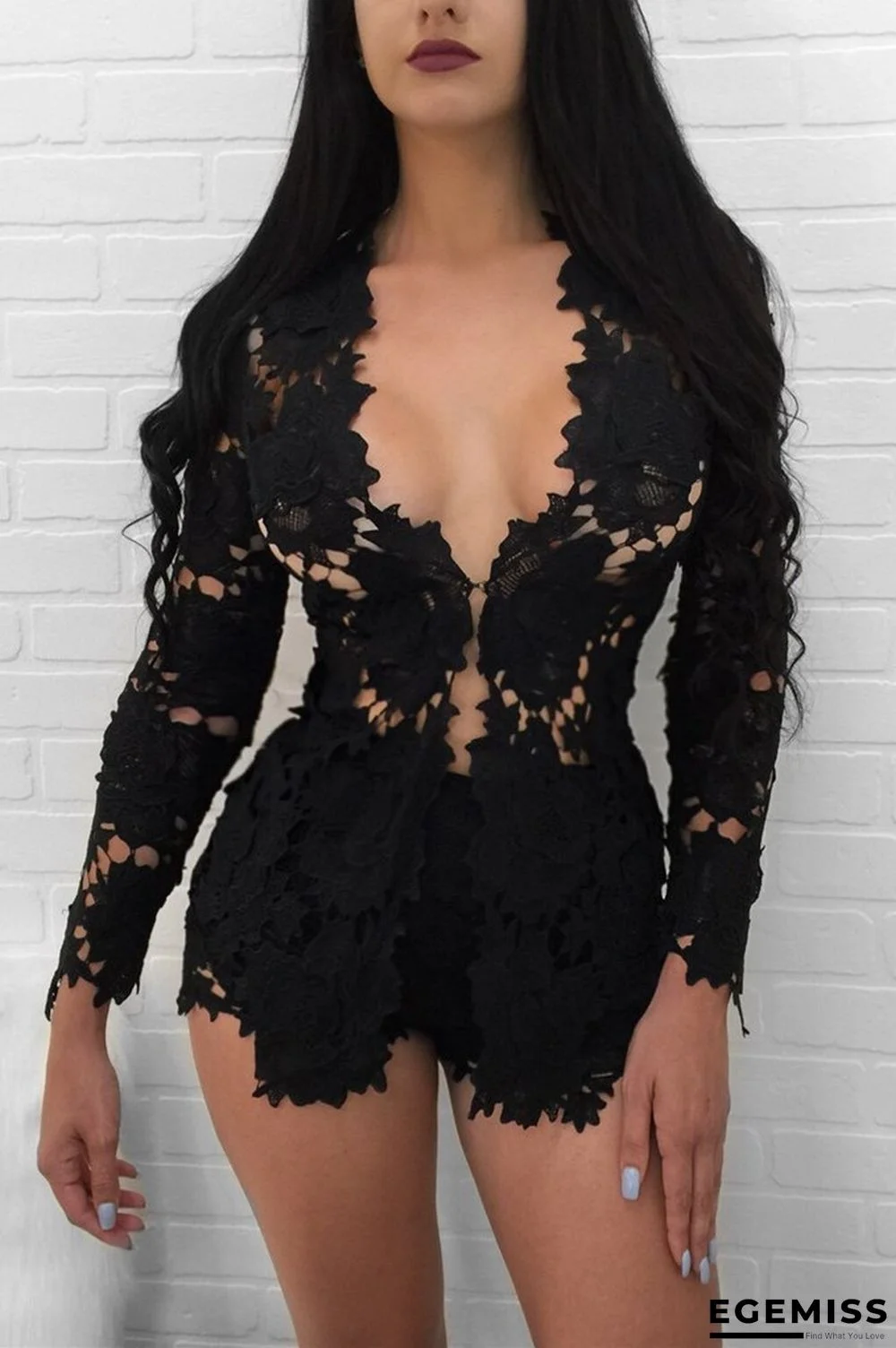 Black Sexy Fashion Long Sleeve Short Lace Set | EGEMISS
