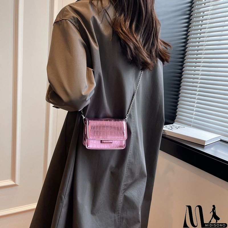 MidiSono - Women Fashion Solid Color Patent Crocodile Leather Laser Flap Chain Mini Square Shoulder Crossbody Bag