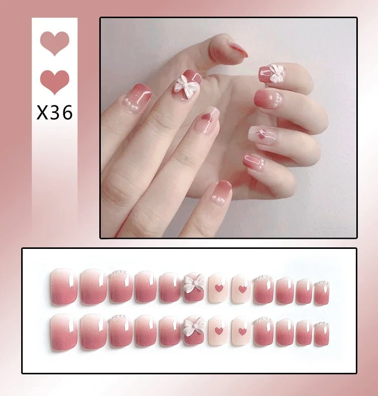24Pcs/Set French Rhombus Designs False Nail Full Cover Fake Nails with Glue Detachable Wearable DIY Manicure Nail Art Tools-Nail Inspo