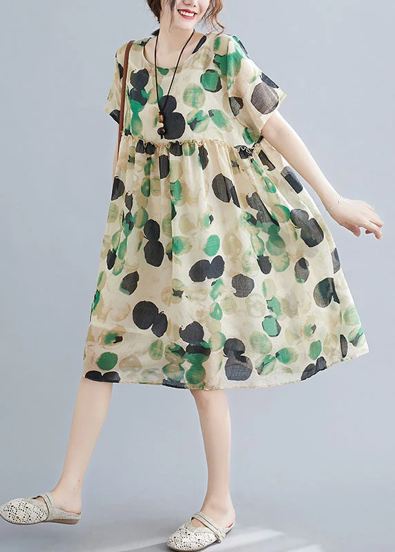 French Dot Print Original Design Linen Holiday Dress Short Sleeve