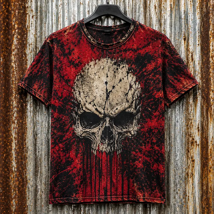 Men's Grunge Graphic T-shirt - Distressed Red And Black Splatter Print Skull Tee