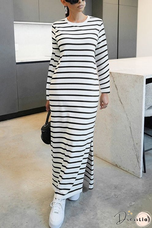 Meridress Round Neck Side Slit Striped Maxi Dress
