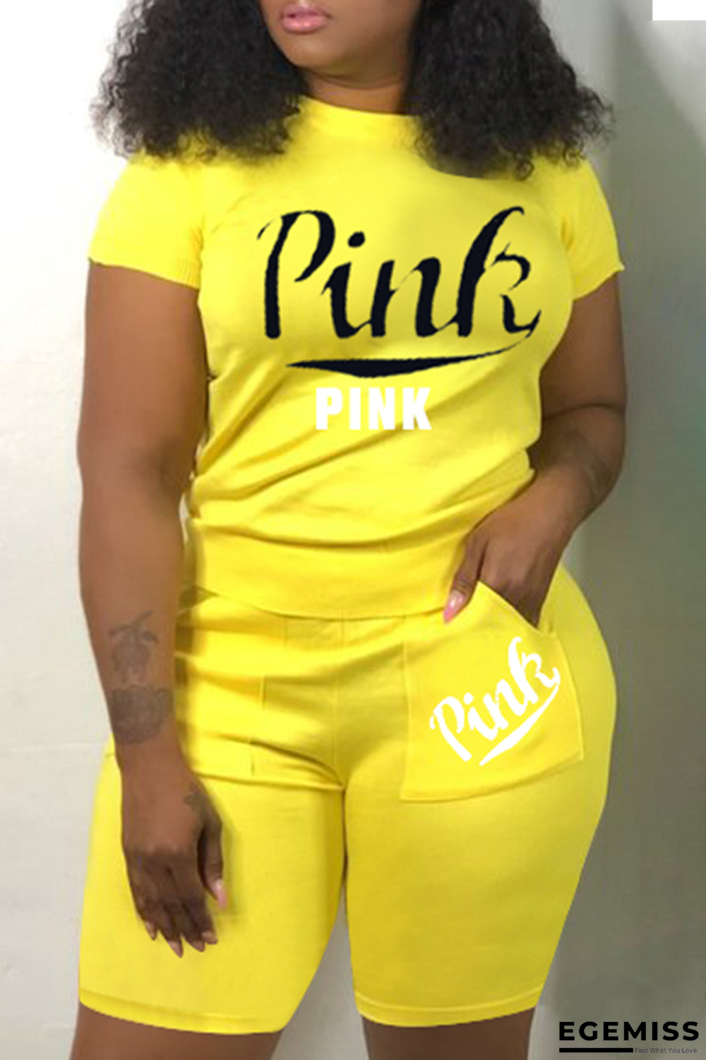 Yellow Casual Print Patchwork O Neck Short Sleeve Two Pieces | EGEMISS