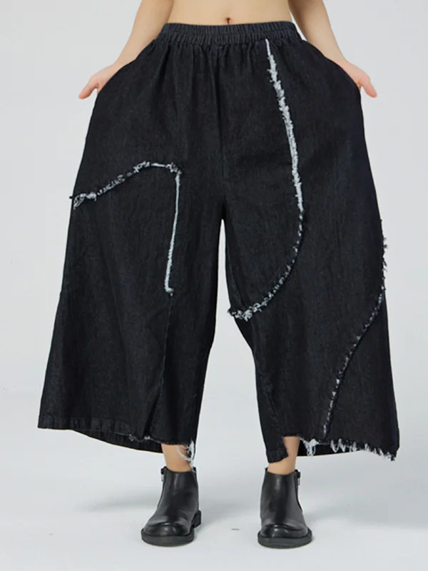 Cropped Wide Leg Fringed Split-Joint Cropped Trousers Jean Pants Bottoms