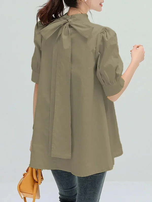 Half Sleeves Loose Bowknot Pleated Solid Color Mock Neck Blouses&Shirts Tops