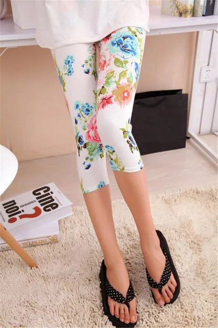 CUHAKCI Printing Pants Women High Quality Capris High Waisted Floral Lady's Fitness Leggings Seventh Elastic Slim Short Leggings